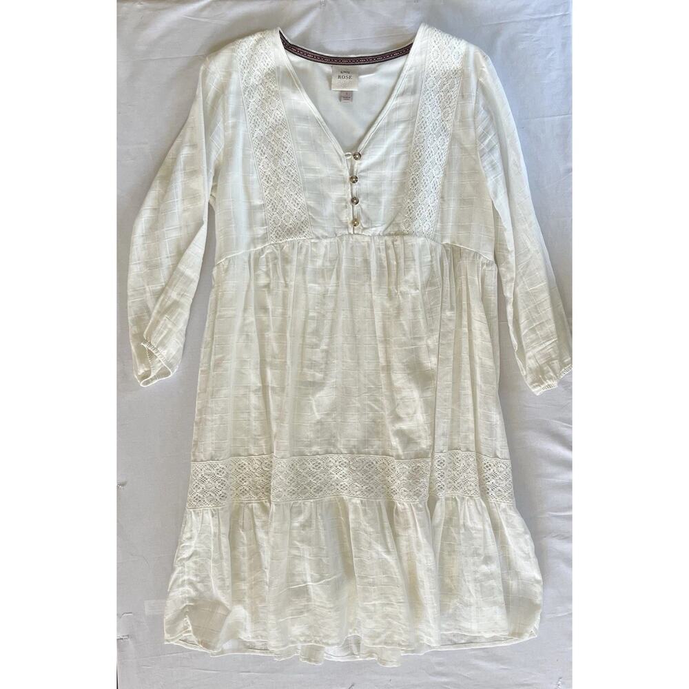 White Tiered Dress Lace Accent 3/4 Sleeve Boho Fairy Y2K Women Size S